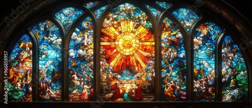 Stained Glass Window Depicting the Ascension of Christ with Angels and Disciples photo