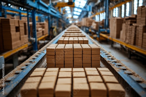 Bricks Moving Along a Conveyor Belt in a Factory