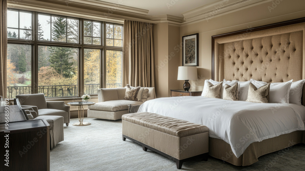 Fototapeta premium Luxurious hotel bedroom with elegant decor and large windows showcasing natural light.