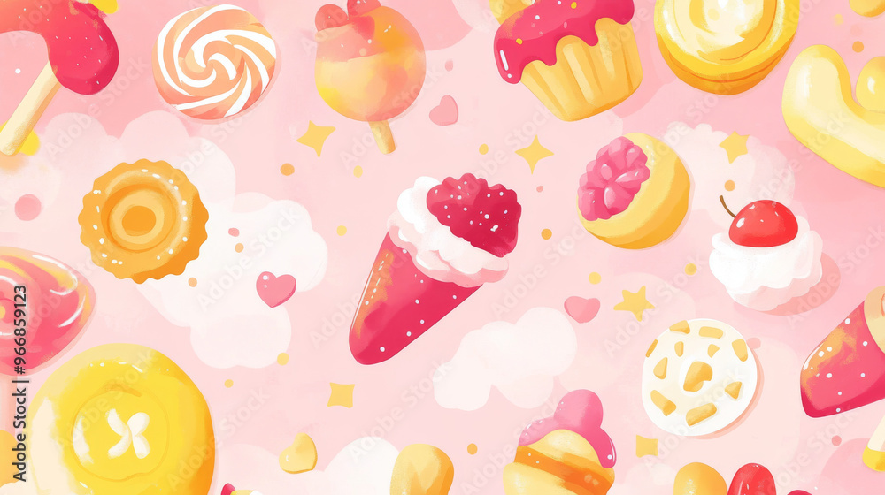 A cute, pink and yellow design with yummy treats like candies and desserts. It's perfect for menus of cafes and restaurants. A cute, pink and yellow design with yummy treats like candies and desserts. It's perfect for menus of cafes and restaurants.