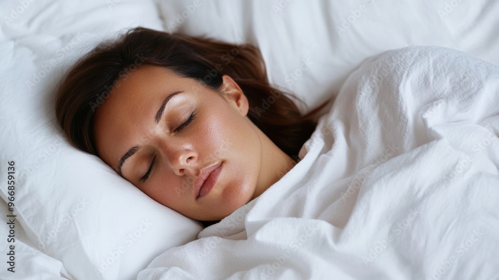 A peaceful woman sleeping comfortably in a cozy bed, surrounded by fluffy white blankets, exuding tranquility and relaxation. A peaceful woman sleeping comfortably in a cozy bed, surrounded by fluffy white blankets, exuding tranquility and relaxation.