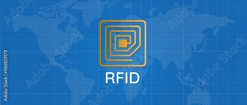 RFID radio frequency identification wireless ID antenna symbol blue background