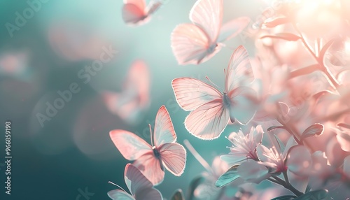 Delicate Pink Butterflies on Soft Floral Background