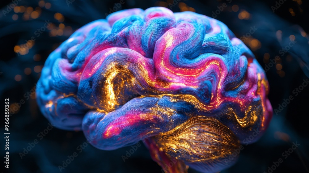 A closeup view reveals a human brain model bursting with vibrant colors ...