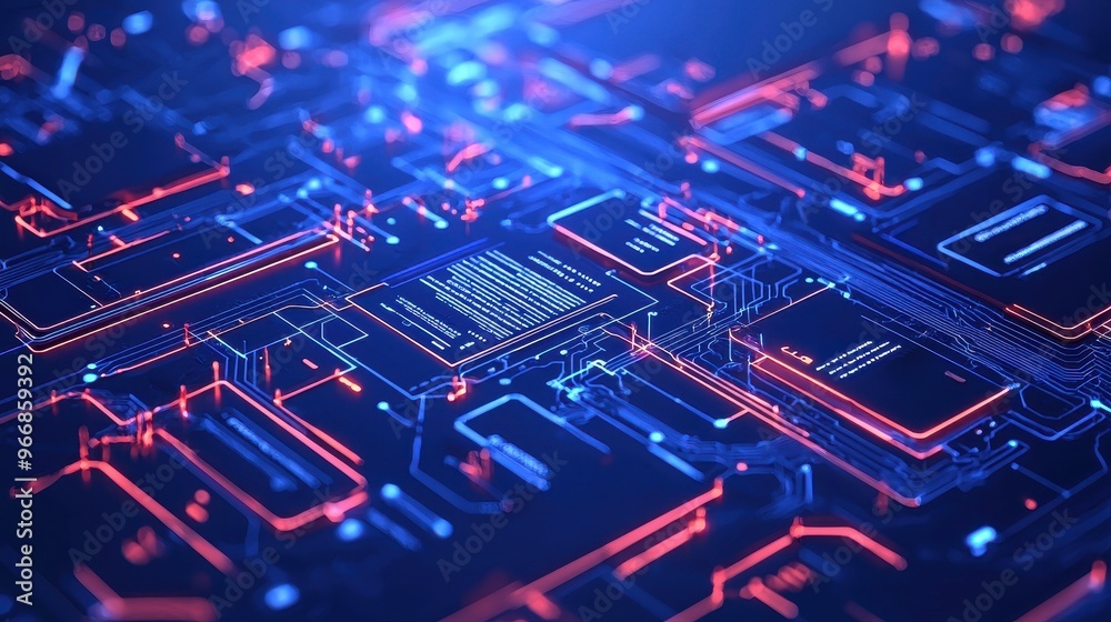 Abstract Circuit Board with Neon Lights and Data Streams Abstract Circuit Board with Neon Lights and Data Streams