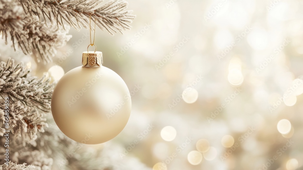 A blank round Christmas ornament dangles gracefully from a snowy tree, surrounded by a soft, shimmering background that evokes festive cheer and holiday spirit A blank round Christmas ornament dangles gracefully from a snowy tree, surrounded by a soft, shimmering background that evokes festive cheer and holiday spirit