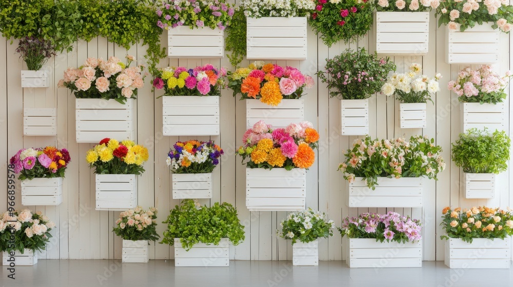 White Wooden Crates With Colorful Flowers on White Plank Wall White Wooden Crates With Colorful Flowers on White Plank Wall