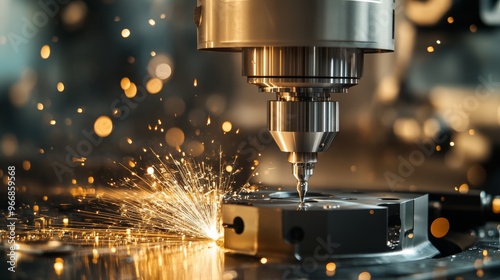 A CNC milling machine operates on a metal workpiece, with the cutting tool creating sparks as it precisely shapes the material in a well-lit workshop
