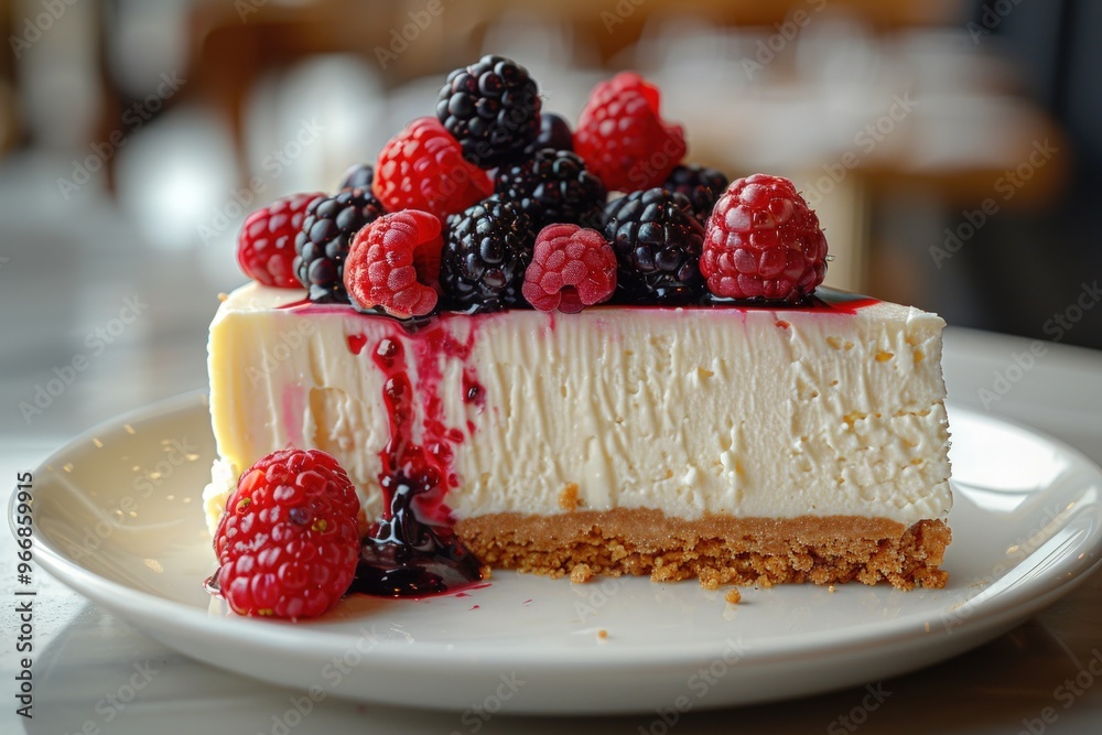 A slice of cheesecake topped with fresh raspberries and blackberries, with a drizzle of berry sauce on a white plate. A slice of cheesecake topped with fresh raspberries and blackberries, with a drizzle of berry sauce on a white plate.