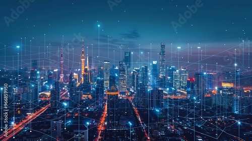 Wallpaper Mural Aerial city view at night with glowing skyscrapers and abstract network lines for representing connectivity urban development and smart technology infrastructure concept. Torontodigital.ca