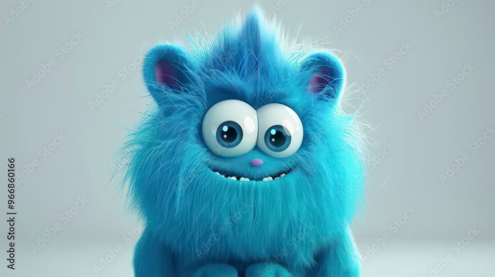 Fototapeta premium A cute blue furry creature with big eyes and a happy expression. It's a 3D render of a cartoon monster, perfect for children's books, games, and branding.