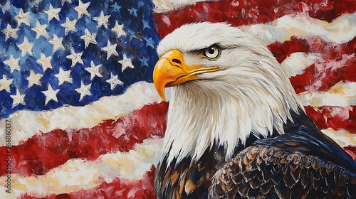 A close-up painting of a bald eagle with a sharp focus on its eye, set against the background of an American flag, painted in an impressionistic style. photo