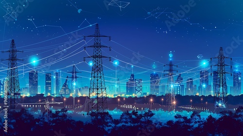 Wallpaper Mural Nighttime cityscape with power lines stretching across the horizon. The city's lights create a mesmerizing glow against the dark sky. Torontodigital.ca