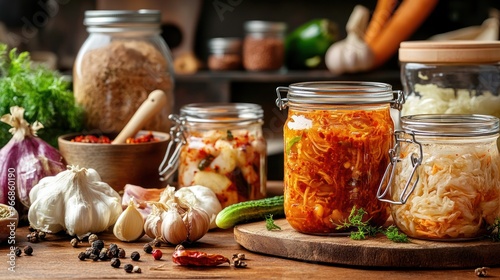 A rustic kitchen scene with jars of homemade fermented vegetables including kimchi, sauerkraut and pickled cucumbers, displayed on a wooden countertop with a background of fresh ingredients and spices