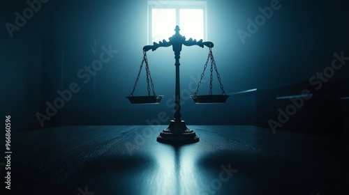 The scales of justice stand prominently, casting a shadow in a dimly lit courtroom, representing the principles of fairness and law during a critical time