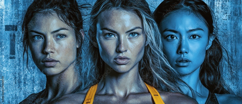 Obraz premium Three Women with Blue Skin and a Grunge Background