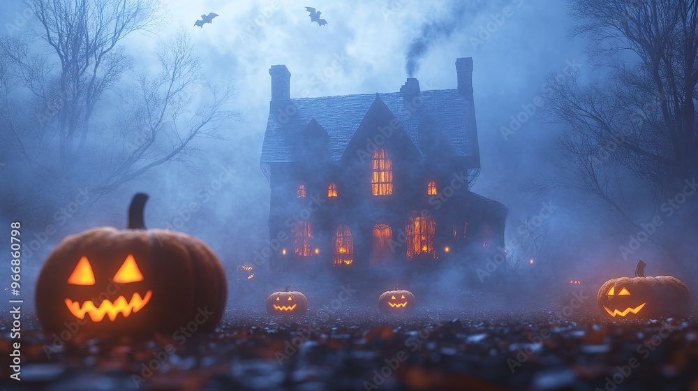 A spooky Halloween scene with a haunted house, fog, and glowing jack-o'-lanterns lighting up the night. A spooky Halloween scene with a haunted house, fog, and glowing jack-o'-lanterns lighting up the night.
