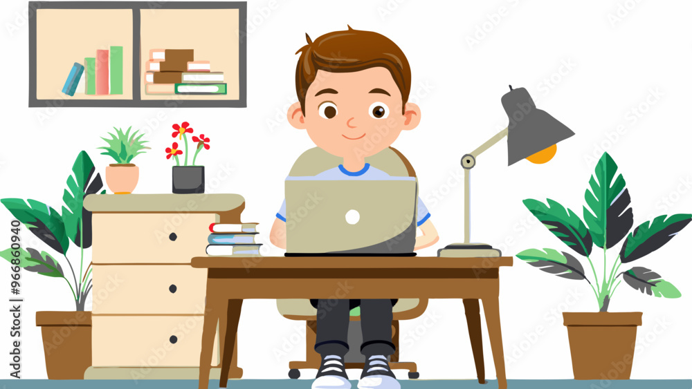 Fototapeta premium Dynamic Young Freelancer Boy Working with a Laptop Vibrant Vector Illustration