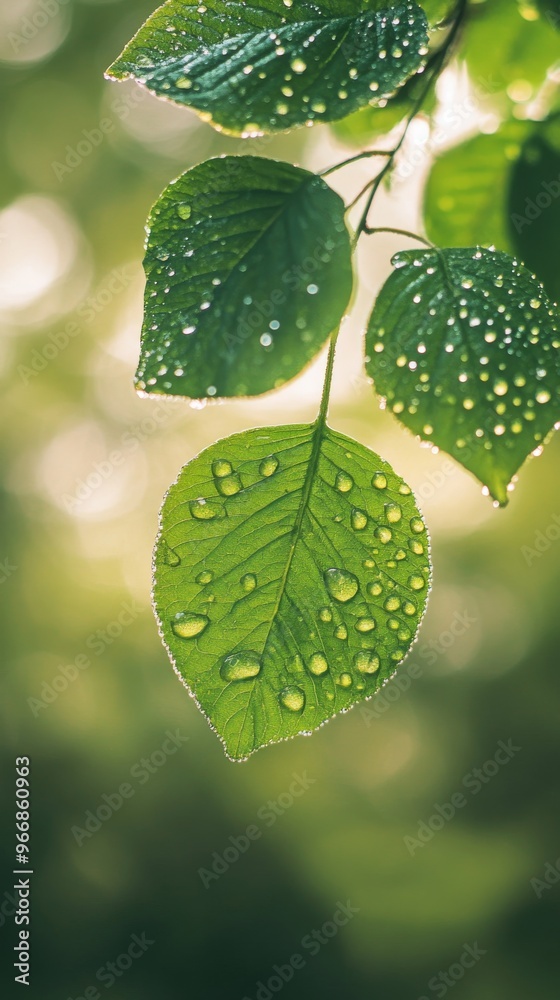 Close-up of green leaves with dew drops in sunlight, nature freshness concept Close-up of green leaves with dew drops in sunlight, nature freshness concept