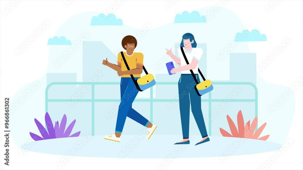 Two friends enjoying a casual conversation while walking outdoors in an urban setting with colorful surroundings illustration business animated video Two friends enjoying a casual conversation while walking outdoors in an urban setting with colorful surroundings illustration business animated video