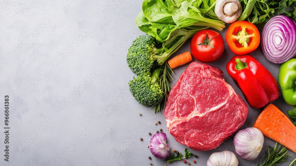 A vibrant arrangement of fresh vegetables and raw meat on a clean, textured background, perfect for culinary and food-related projects. A vibrant arrangement of fresh vegetables and raw meat on a clean, textured background, perfect for culinary and food-related projects.