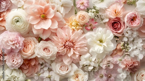 A flatlay composition highlights an array of delicate flowers in soft pastel hues, perfectly arranged to create an elegant and artistic display that captures nature's beauty