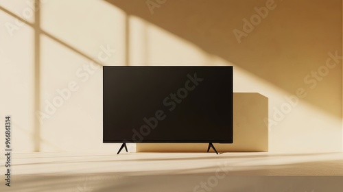 A large black television stands prominently on a solid, neutral background, illuminated by soft sunlight, enhancing its contemporary and minimalist design