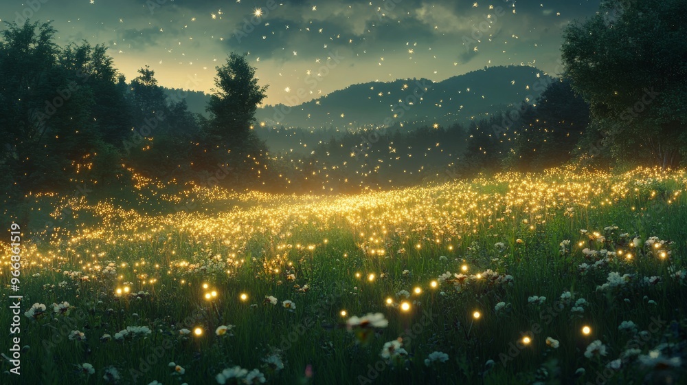 A Field of Fireflies Glowing in a Forest at Dusk A Field of Fireflies Glowing in a Forest at Dusk