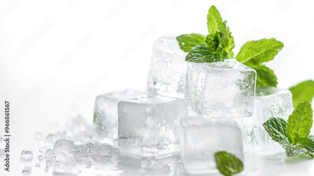 Illustration of a pile of transparent ice cubes with fresh mint leaves isolated on a white background. Ai generated image Illustration of a pile of transparent ice cubes with fresh mint leaves isolated on a white background. Ai generated image