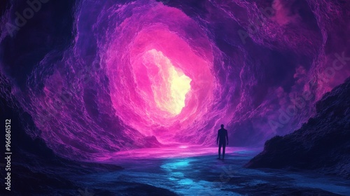 Silhouette of a Person Standing in a Cave with a Glowing Pink Portal