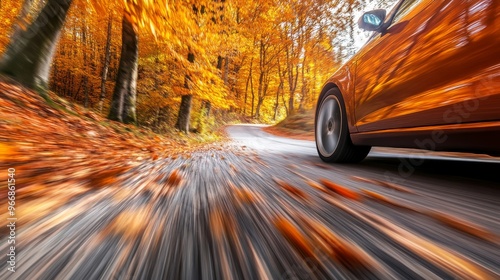 A car accelerates swiftly on a winding road, with colorful autumn leaves framing the scene as the forest comes alive in warm hues of fall photo