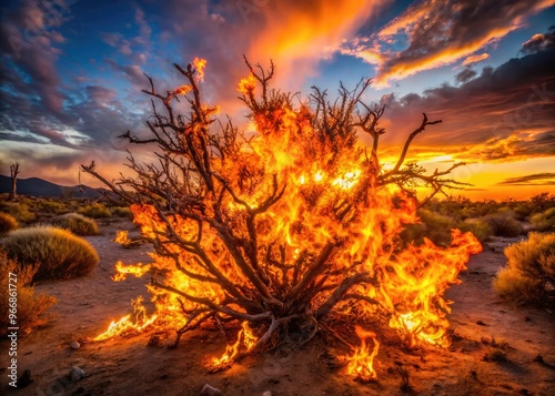 Vibrant orange and yellow flames engulf a twisted, thorny bush, illuminating the dark surroundings with a fierce, apocalyptic glow in the midst of a desert landscape.