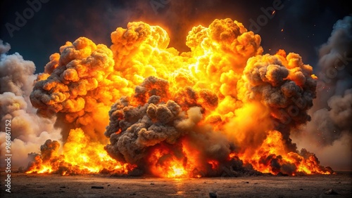 Vibrant orange and yellow flames erupt from a massive explosion, sending debris flying in all directions against a dark, smoky background with intense lighting.