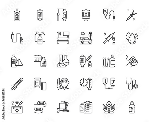 Vector simple saline solution and related pharmacy equipment outline icon set, health and medical concept, 48x48 pixel perfect editable stroke on white transparent background for website, app develop