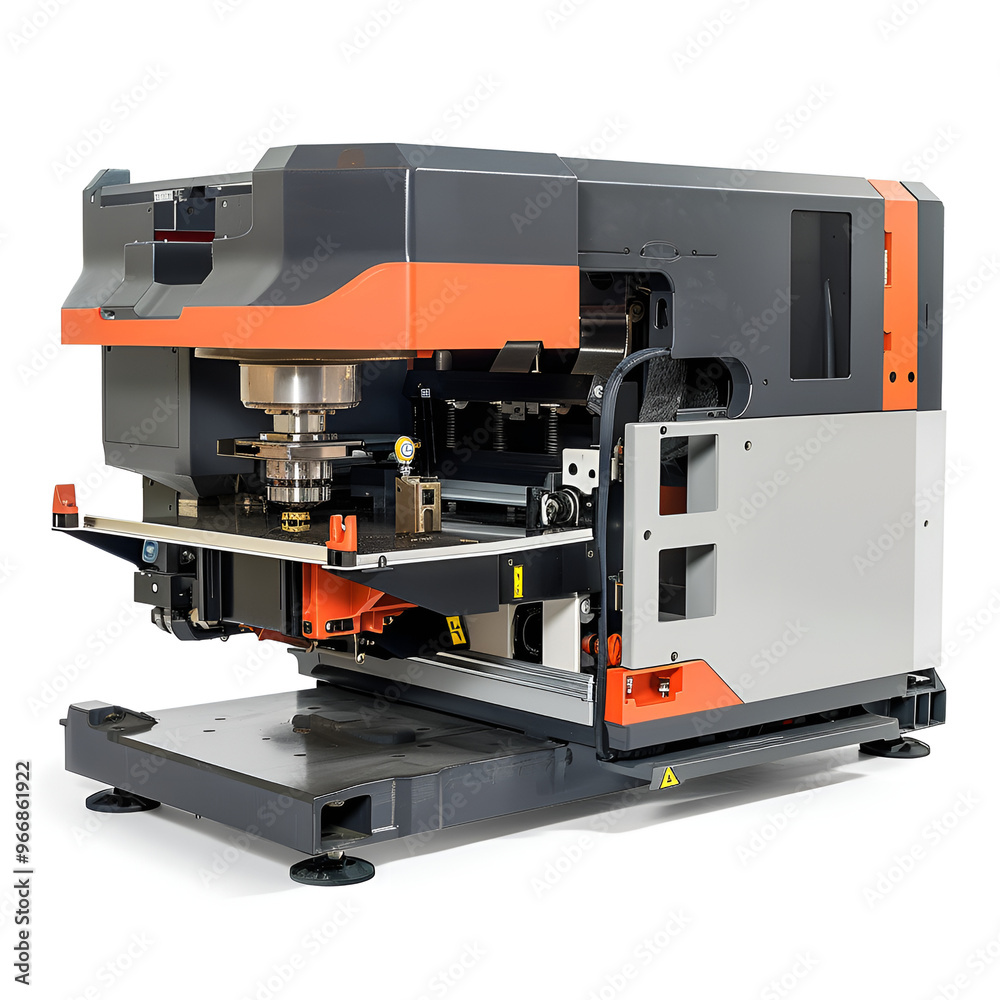 
Industrial punching machine metalworking automation an orange and grey color scheme.