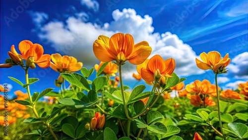 Vibrant orange-colored ara arachis plant with delicate white flowers and tendrils, growing vigorously in a lush green landscape under a bright blue sky. photo