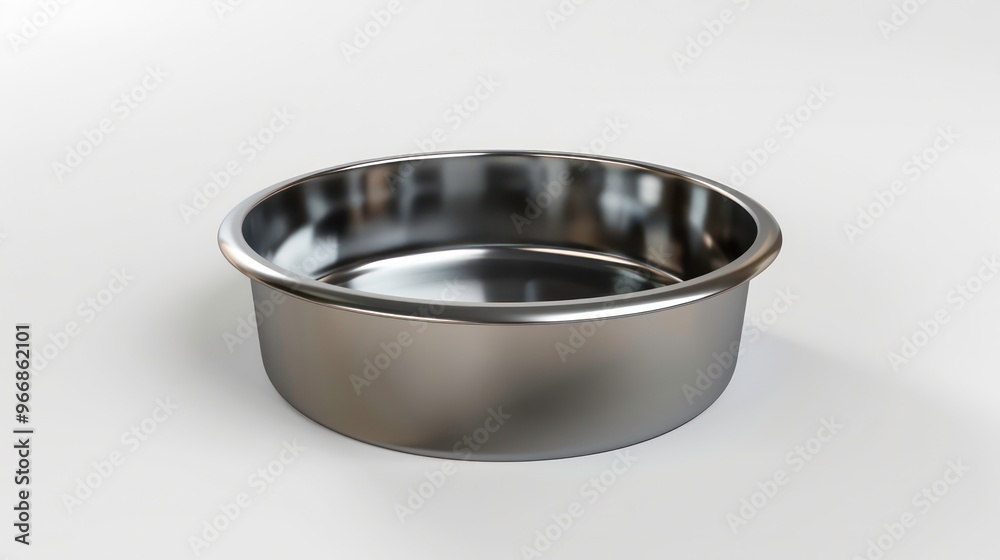 A close-up of a shiny stainless steel pet bowl with a black rubber bottom isolated on a white background. A close-up of a shiny stainless steel pet bowl with a black rubber bottom isolated on a white background.