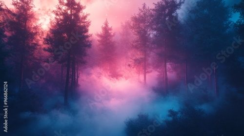 Ethereal Forest with Pink and Blue Mist and Stars