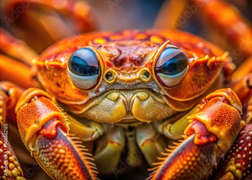 Vibrant orange crab's intricate eyes, whisker-like antennae, and armored shell texture are showcased in this extreme close-up, highlighting the crustacean's unique, ancient features. photo