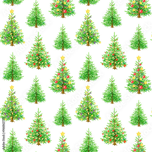 Christmas trees seamless pattern on white background. Hand drawn evergreen fir trees with festive bright vintage style decoration. Winter holidays festive traditional decor seamless pattern element