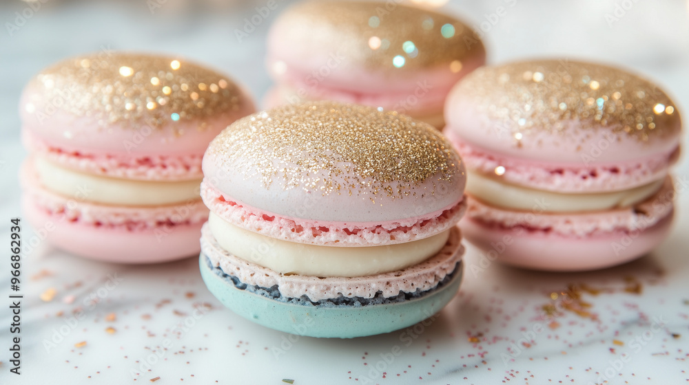 A set of macarons decorated with edible glitter and delicate shades of pink and blue A set of macarons decorated with edible glitter and delicate shades of pink and blue