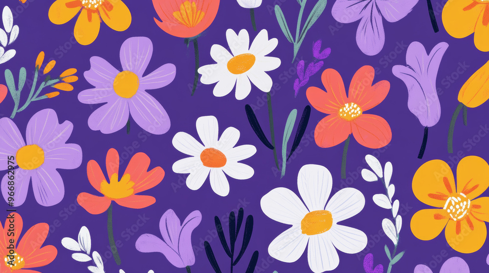 A pretty purple background with flowers drawn in a simple, playful style. This colorful design is perfect for websites or wrapping paper.