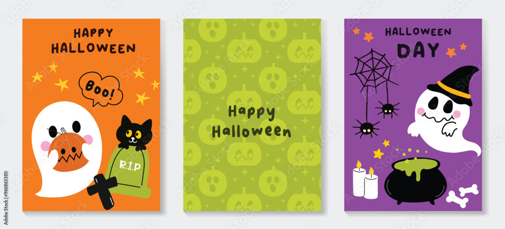 Fototapeta premium Happy Halloween background poster vector set.