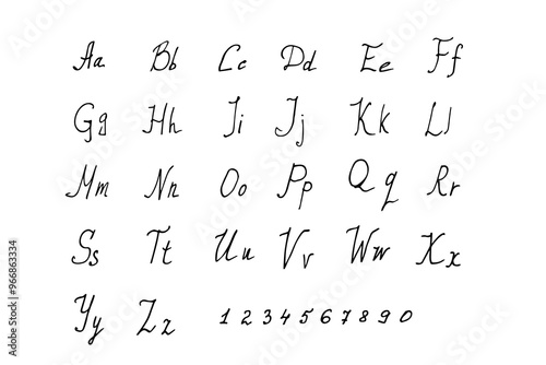 Alphabet is handwritten in black pen scrawl on white background. Doodle style English letters are uppercase and small in different styles.