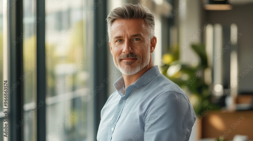 A midaged businessman stands casually in a stylish office, exuding confidence with a smile. Sunlight filters through large windows, creating an inviting atmosphere A midaged businessman stands casually in a stylish office, exuding confidence with a smile. Sunlight filters through large windows, creating an inviting atmosphere