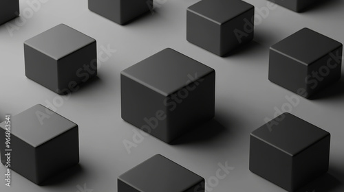 A set of black cubes arranged in a perspective view against a gray background. A 3D box rotates, showing realistic lighting and shadows. This illustration uses basic geometric shapes.