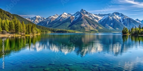 Scenic view of Wallowa Lake and Eagle Cap mountains in Oregon USA close-up photo