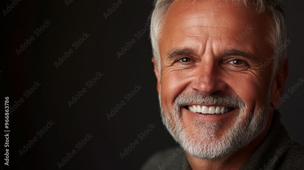 Fototapeta premium An older man with salt and pepper hair and a warm smile proudly displays his healthy teeth in a midclose view, exuding confidence and charm