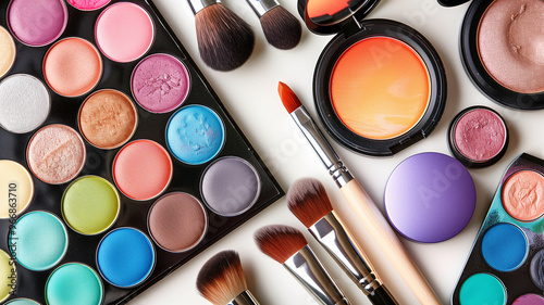 A collection of makeup brushes and products, including a palette of eyeshadow. Concept of creativity and self-expression, as makeup is often used to enhance one's appearance