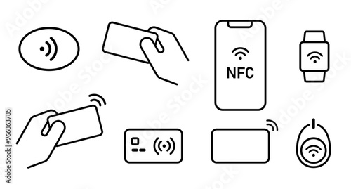 NFC proximity card cash less contactless payment wireless transaction symbol icon illustration smartphone tag key chain card